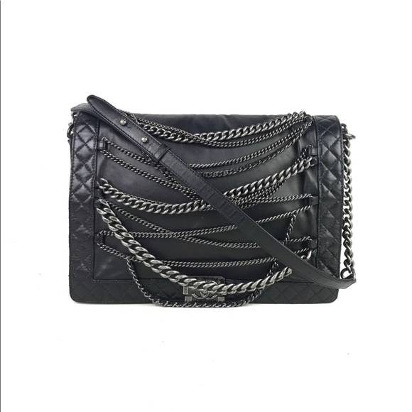 SOLD — NFS — Black Lambskin Chanel 2013 XL Enchained Boy Flap Bag w/RHW - Picture 2 of 16
